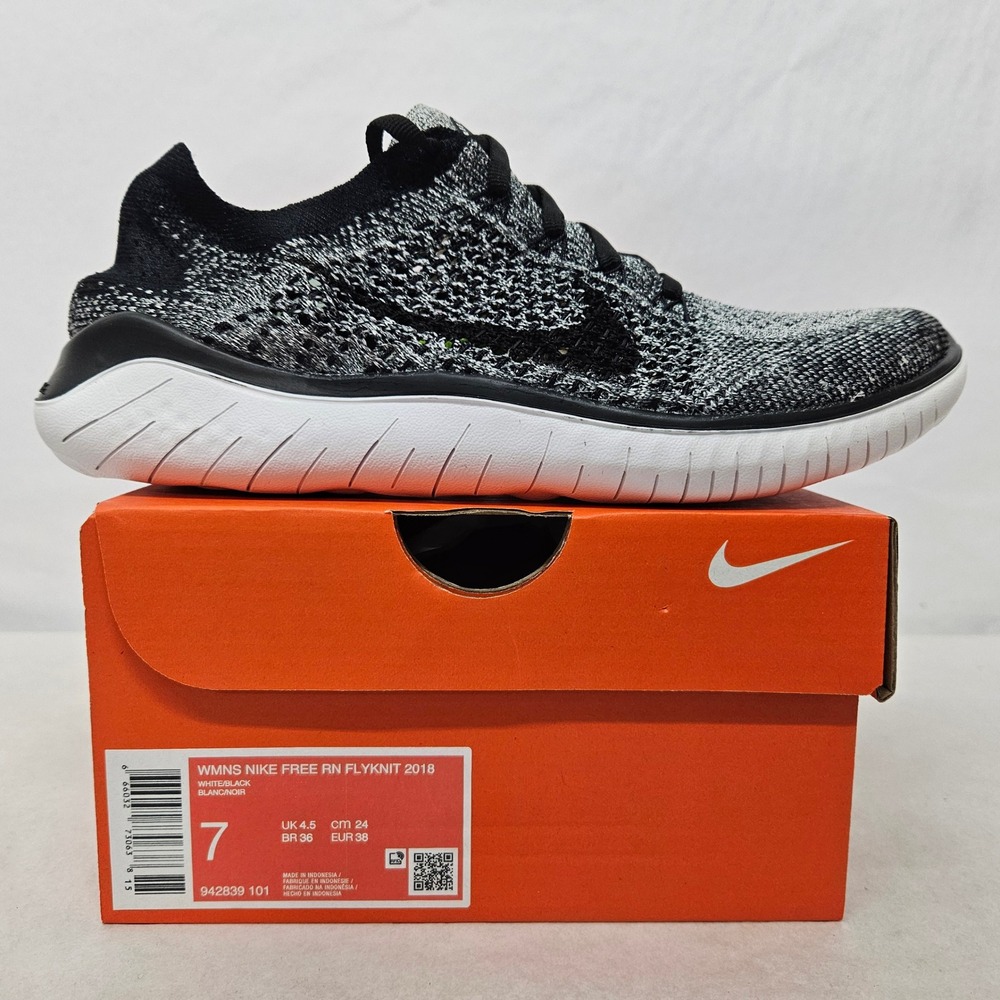 Nike Free RN Flyknit 2018 Running Shoes 942839-101 White Black Women's‎ Size 7